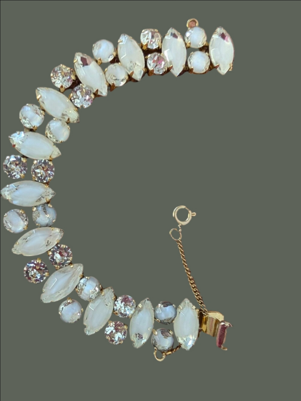 Vintage Bracelet By Regency White and Rhinestone Crystal Statement  - Gold Tone